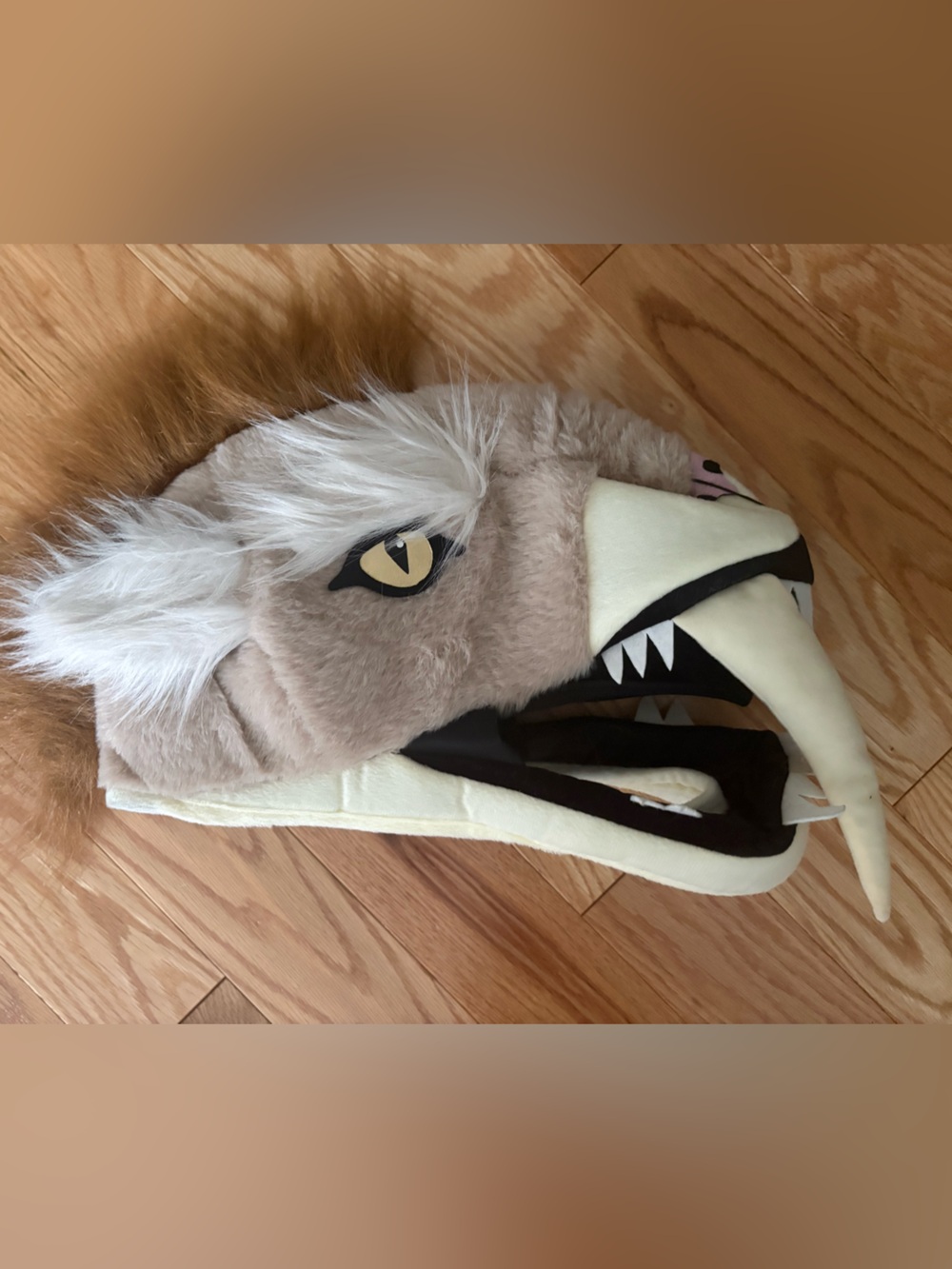 Sabertooth Tiger Kids Plush Animal Hooded Hat in Beige and White